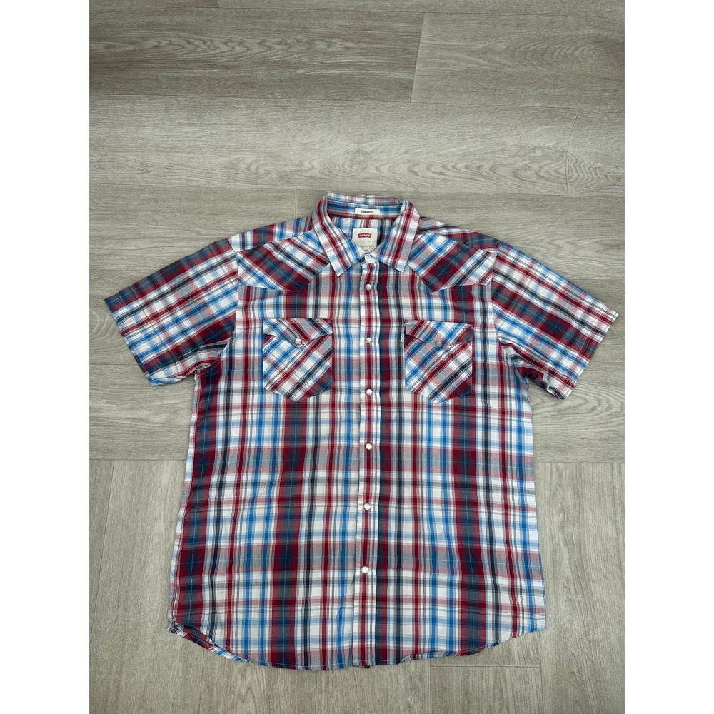 Levi's Western Shirt Mens Large Red Blue Plaid Pearl Snap Short Sleeve Standard